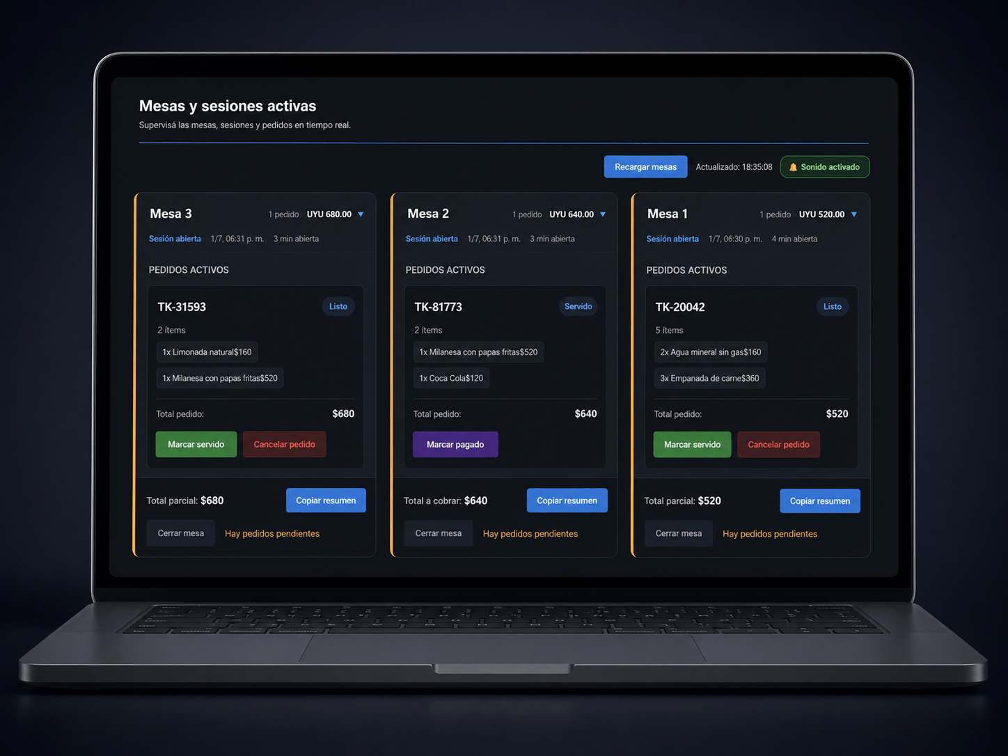 Panel de mesas y sesiones activas en OidoApp